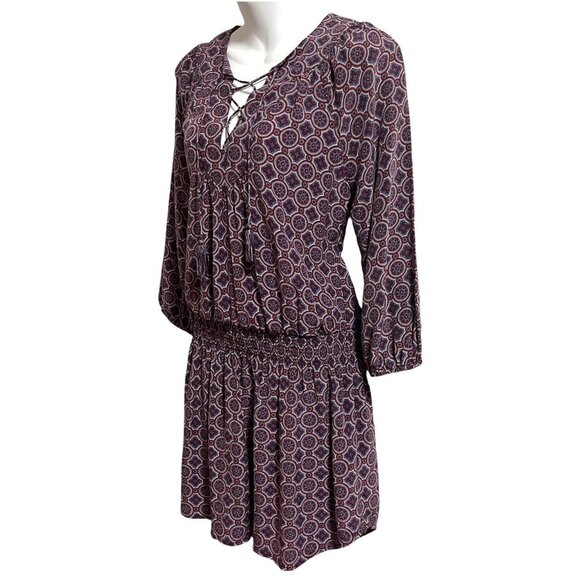 Joie 100% Silk Mini Dress XS Purple Corra B Tassel Tie Medallion Print Boho - Picture 3 of 15